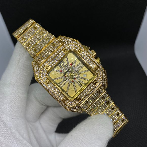 Luxury Square 18K Gold Plated Men's Bling Hip Hop Iced Out Watch - Picture 4 of 6